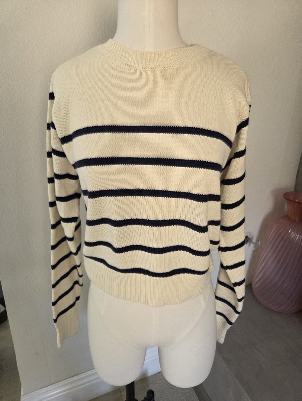 Cream and Navy Striped Knit Sweater